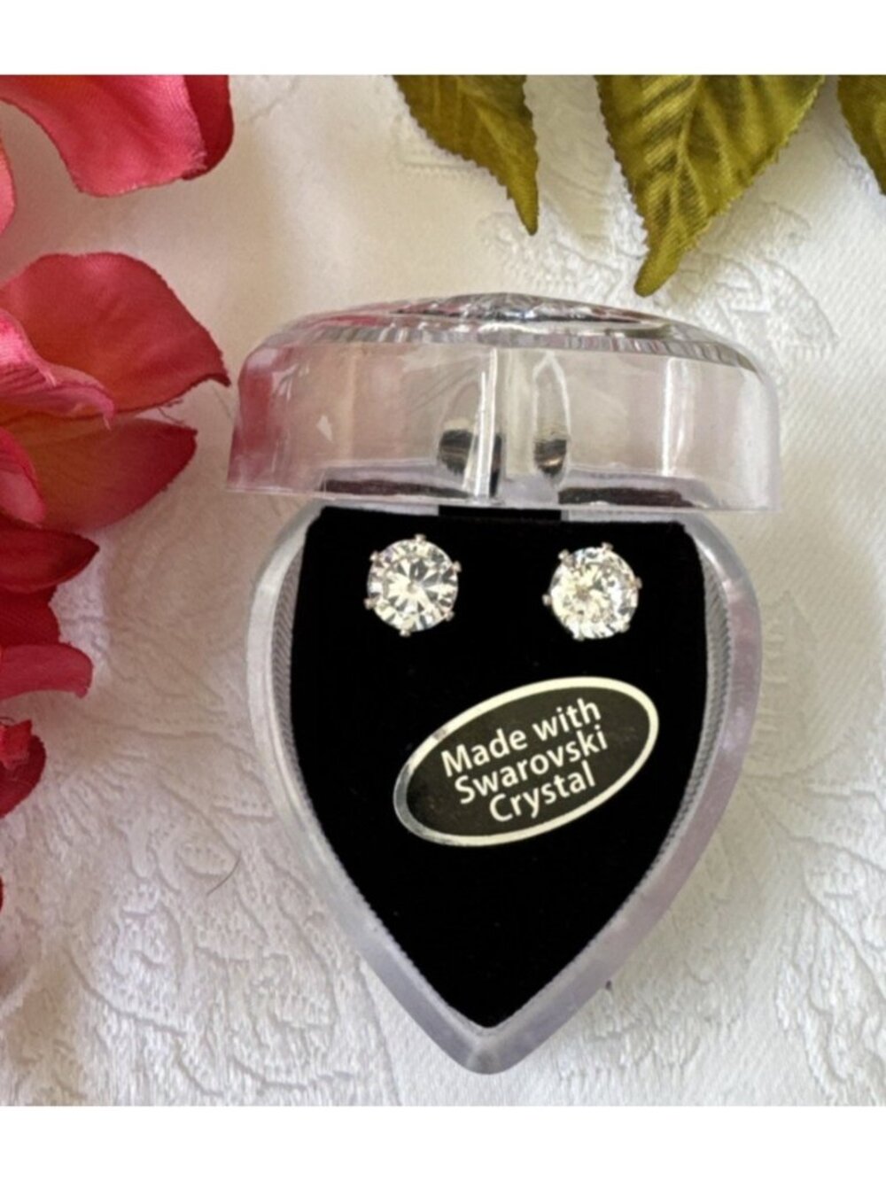 Swarovski Crystal Big CZ Stud Earrings Classic Post Backs NEW in Heart Box